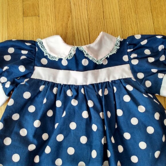 Vintage Handmade Baby Dress Blue Pink Polka Dots - Picture 8 of 14